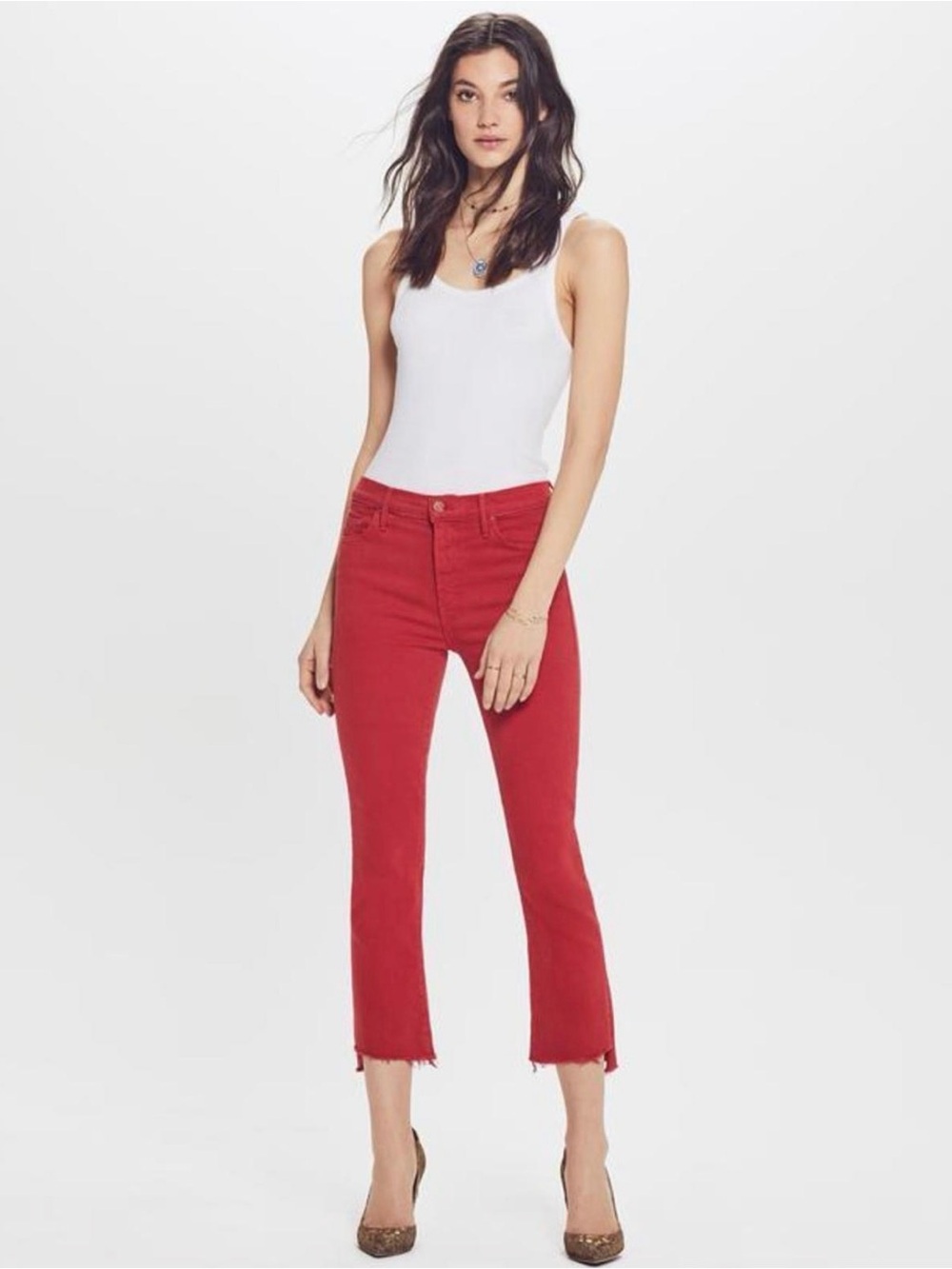 MOTHER The Insider Crop Step Fray Jeans Size 26 Hot Rod Red High Rise